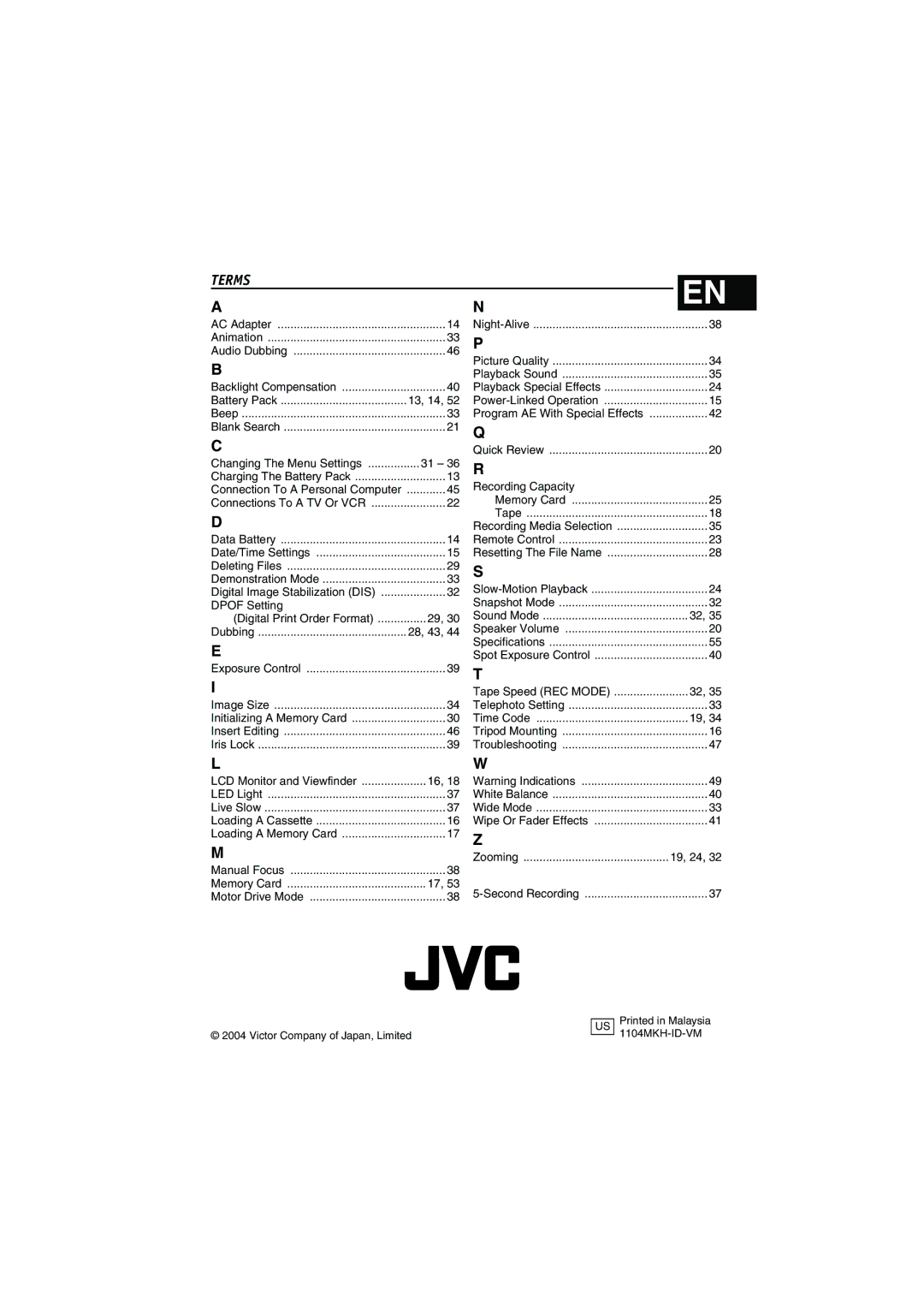 JVC GR-D290 GR-D270 manual Terms, Dpof Setting, Recording Capacity 