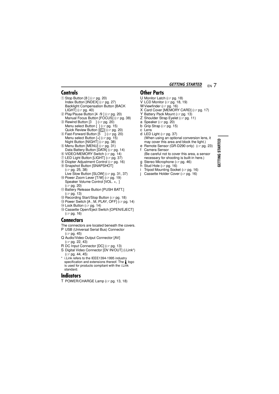 JVC GR-D290 GR-D270 manual Controls, Other Parts, Connectors, Indicators, Getting Started EN 