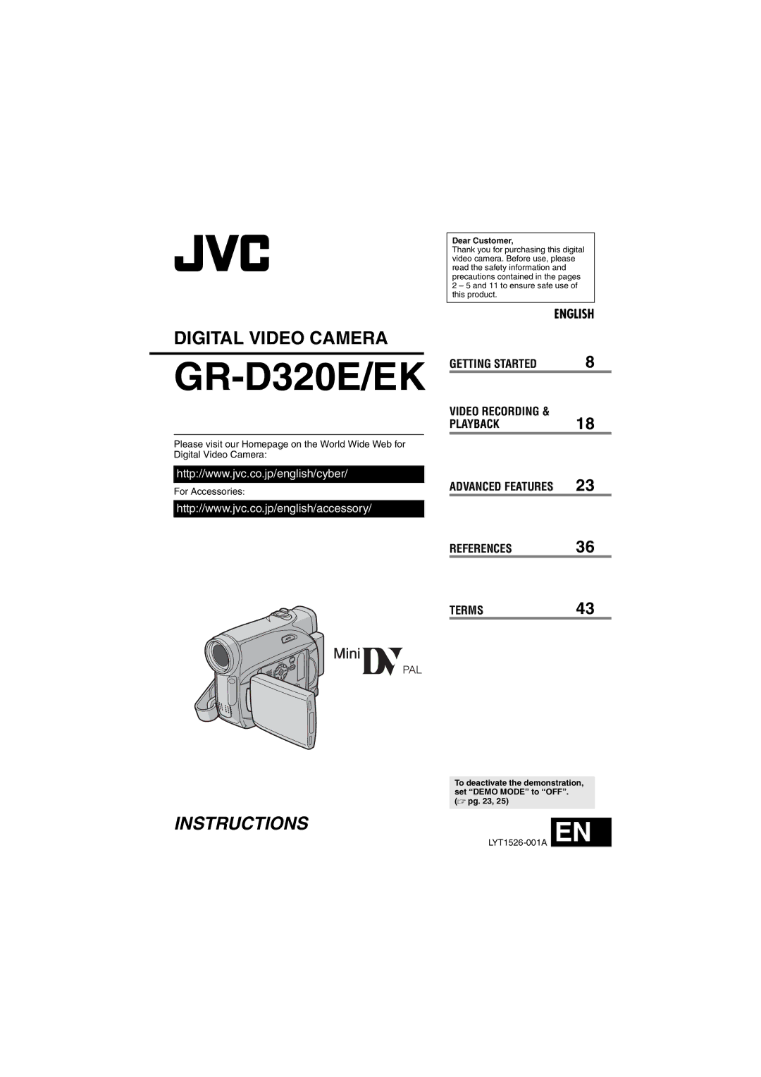 JVC GR-D320EK manual GR-D320E/EK, Dear Customer 