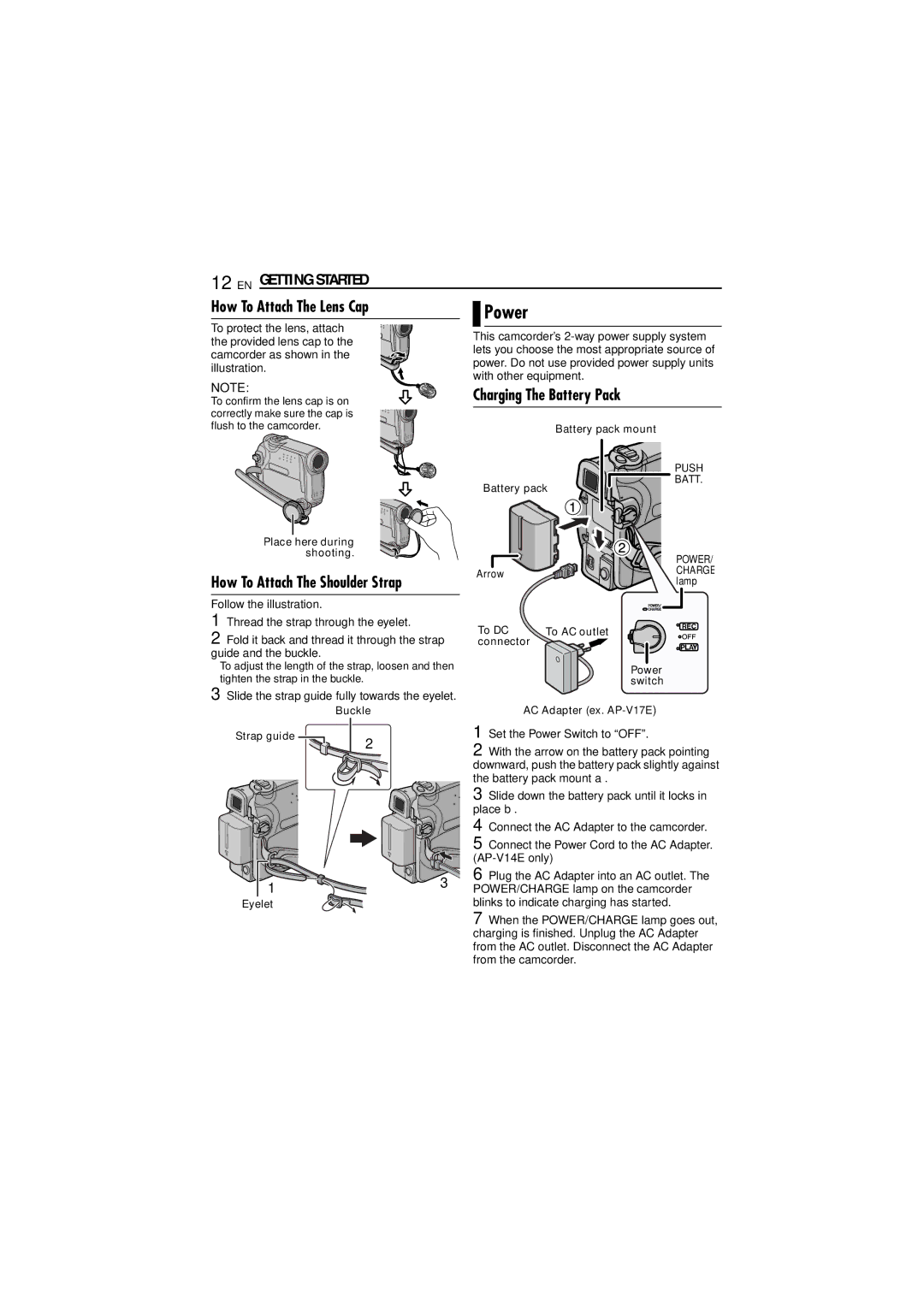 JVC GR-D320EK manual Power, How To Attach The Lens Cap, Charging The Battery Pack, How To Attach The Shoulder Strap 