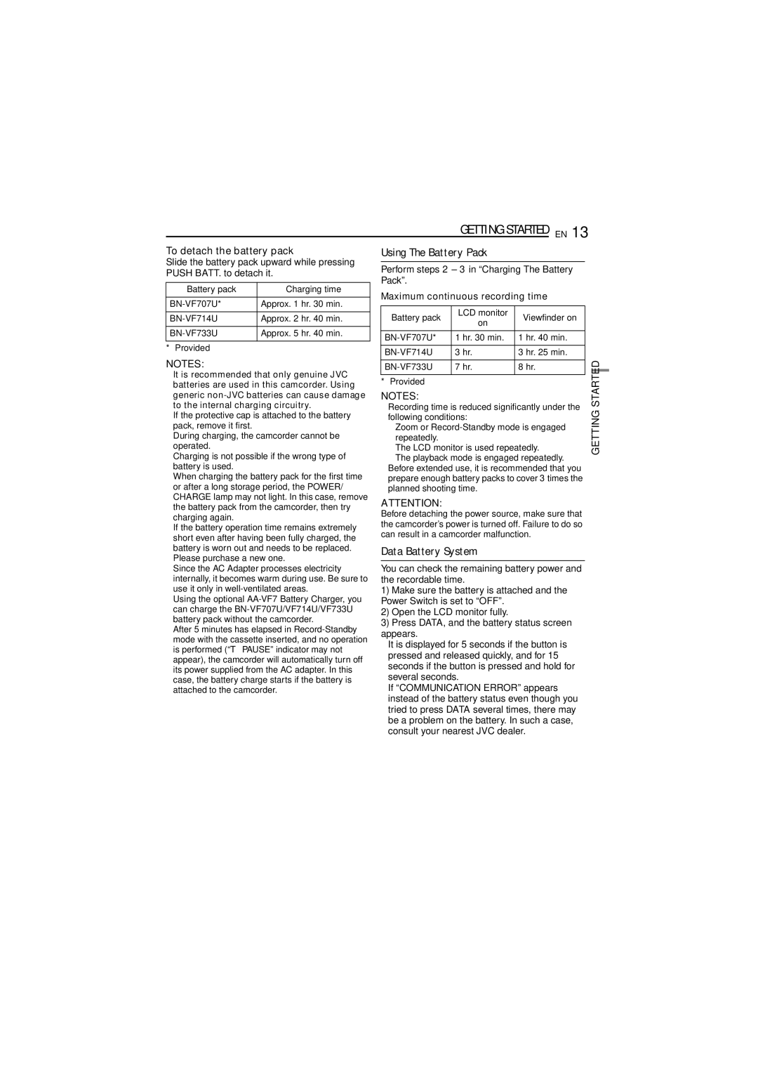 JVC GR-D320EK manual Data Battery System, Maximum continuous recording time 