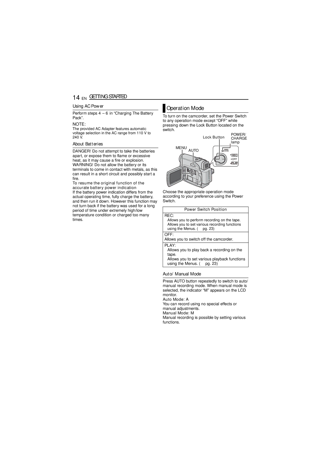 JVC GR-D320EK manual Operation Mode, Using AC Power, About Batteries, Auto/Manual Mode 