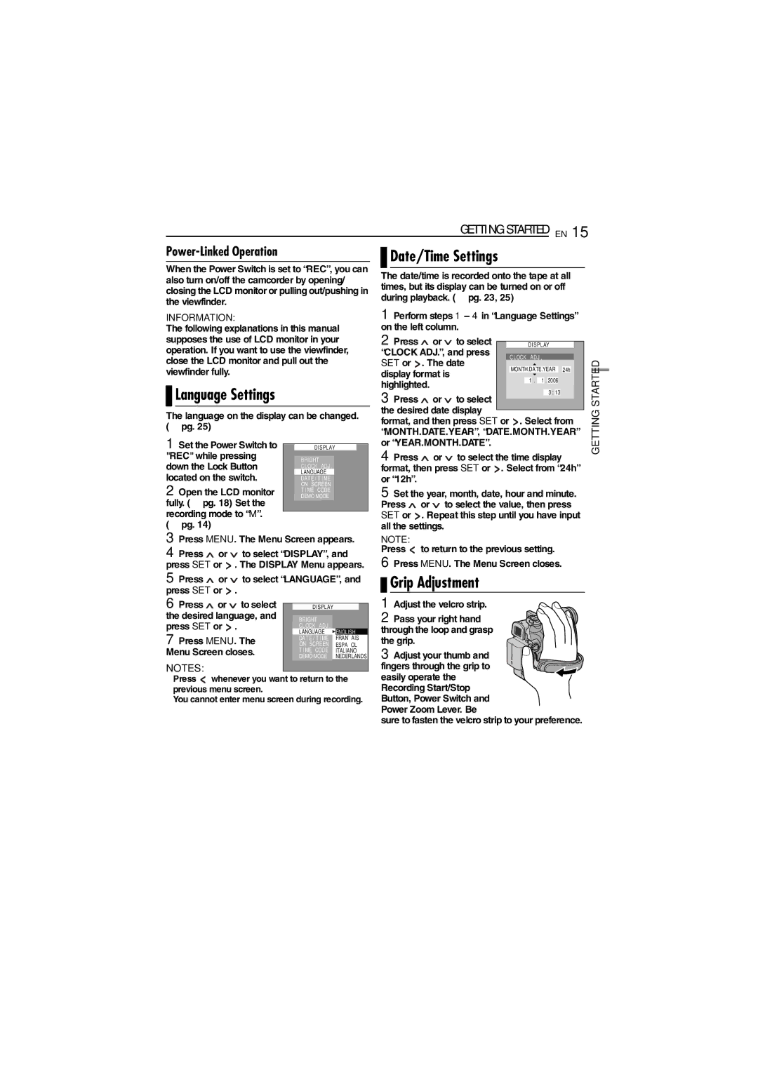 JVC GR-D320EK manual Grip Adjustment, Date/Time Settings, Language Settings, SET or 