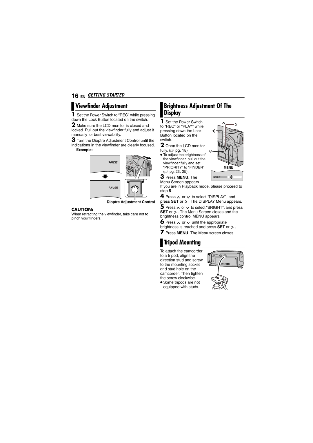 JVC GR-D320EK manual Viewfinder Adjustment, Display, Tripod Mounting 