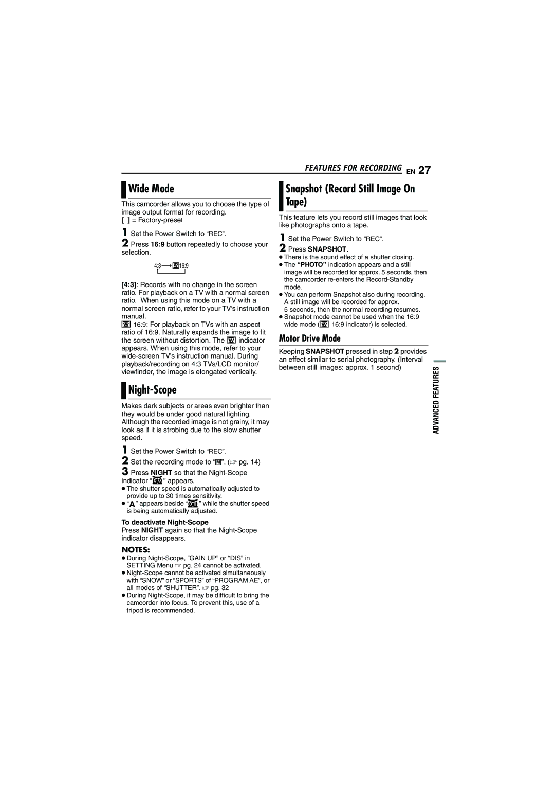 JVC GR-D320EK manual Wide Mode, Snapshot Record Still Image On Tape, Motor Drive Mode, To deactivate Night-Scope 