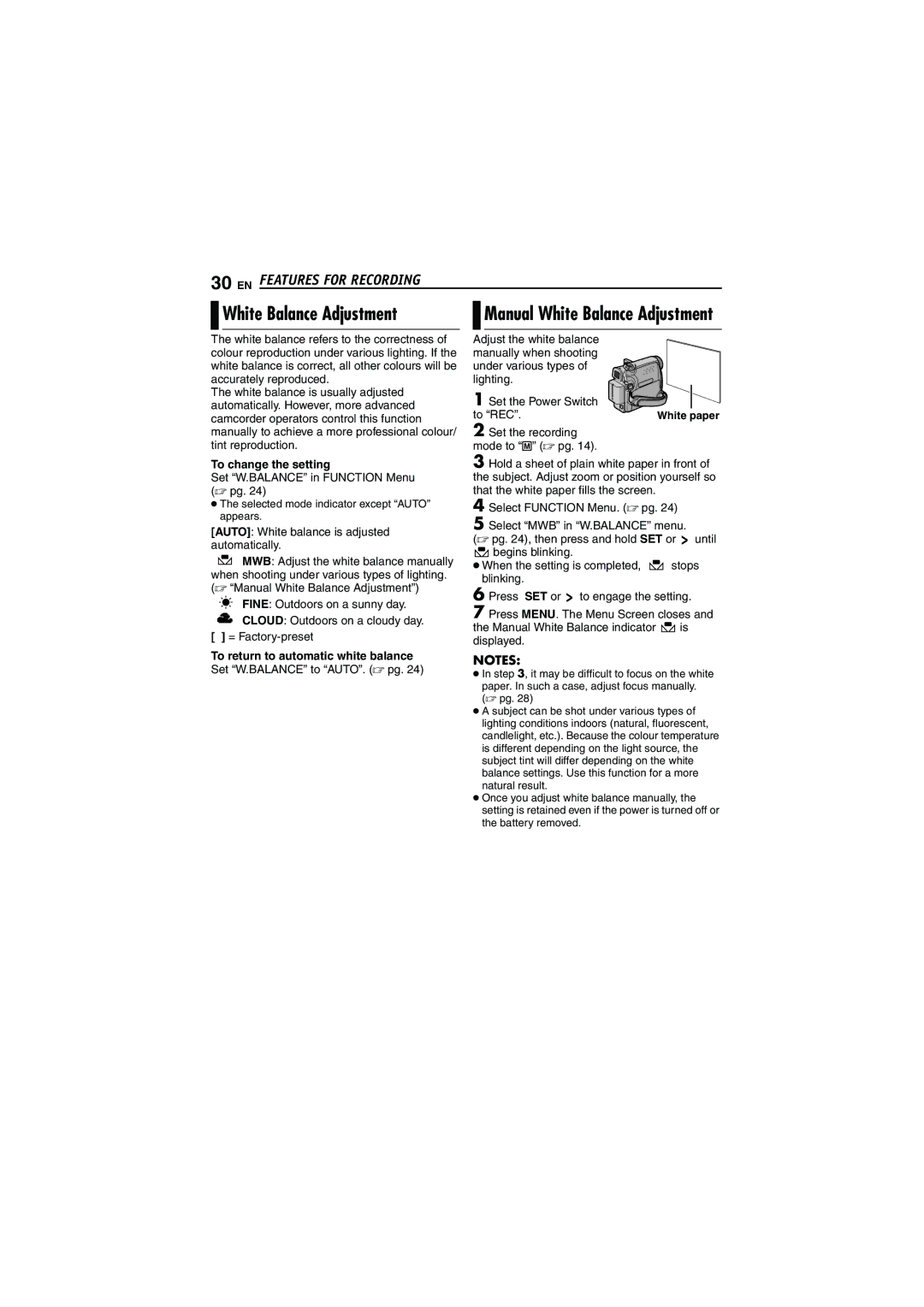 JVC GR-D320EK manual White Balance Adjustment, To change the setting, Set W.BALANCE in Function Menu  pg, To REC 