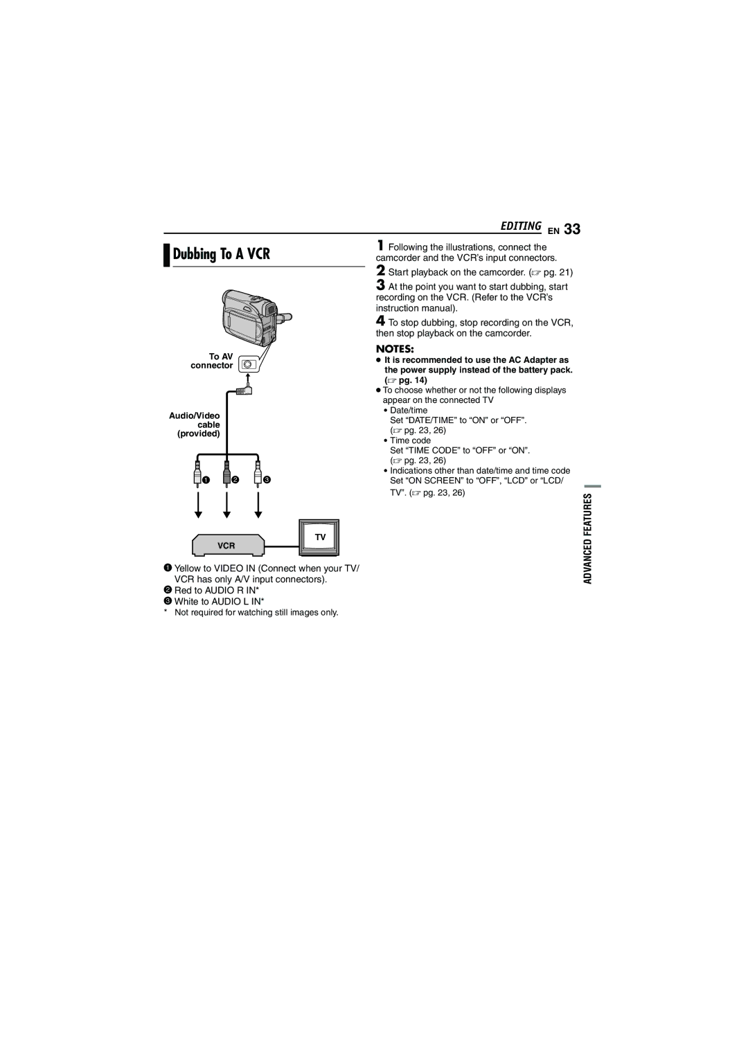 JVC GR-D320EK manual Dubbing To a VCR, To AV connector Audio/Video cable provided 