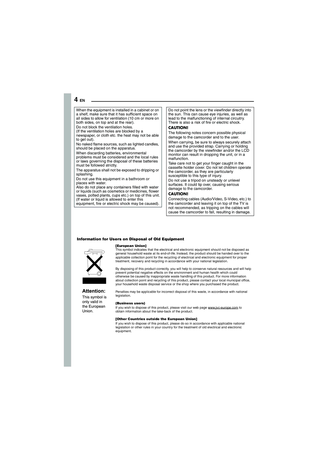 JVC GR-D320EK manual Information for Users on Disposal of Old Equipment, European Union 