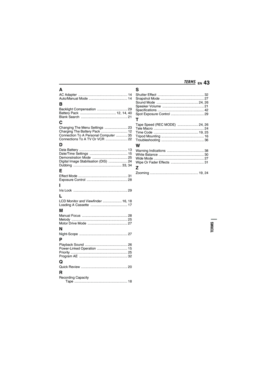 JVC GR-D320EK manual Recording Capacity, Terms 