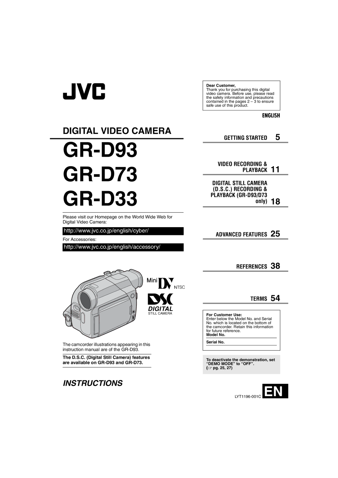 JVC GR-D73 instruction manual Digital Still Camera D.S.C. Recording & Playback GR-D93/D73, Dear Customer, For Customer Use 