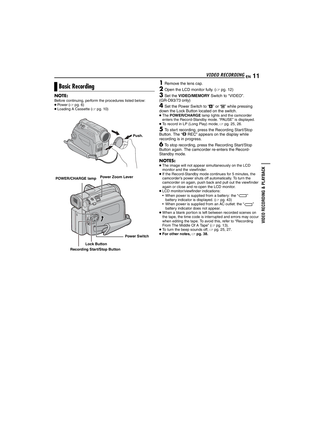 JVC GR-D93, GR-D73, GR-D33 Basic Recording, Video Recording EN, Video Recording & Playback, Push POWER/CHARGE lamp 