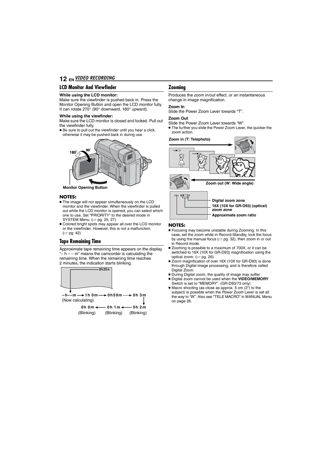 JVC GR-D93, GR-D73, GR-D33 instruction manual EN Video Recording, Tape Remaining Time 