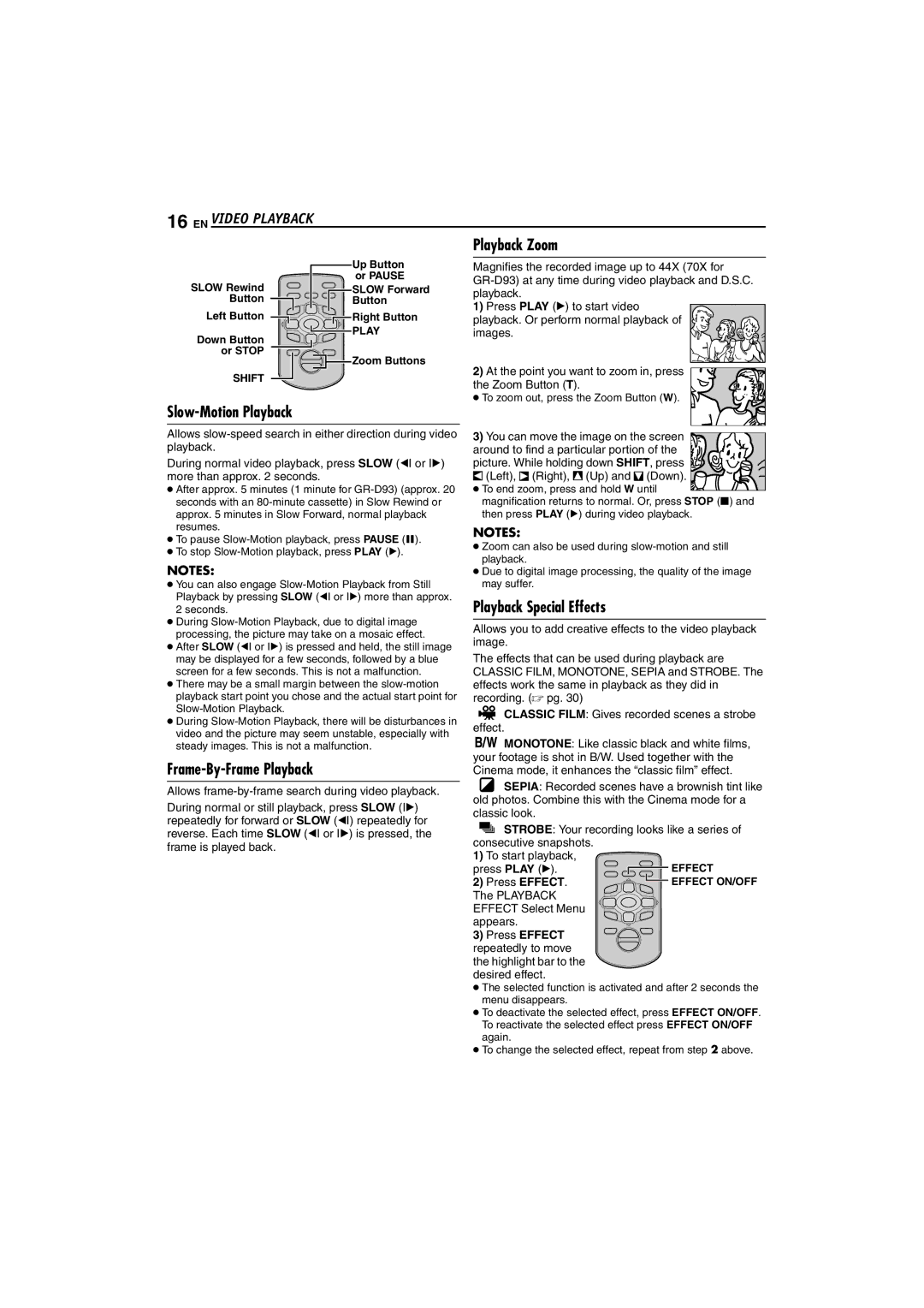 JVC GR-D73, GR-D33 Playback Zoom, Frame-By-Frame Playback, Playback Special Effects, Slow-Motion Playback, Press Effect 