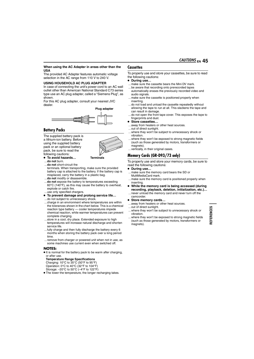 JVC GR-D33, GR-D73 Cassettes, Battery Packs, Memory Cards GR-D93/73 only, Usa, Using Household AC Plug Adapter 