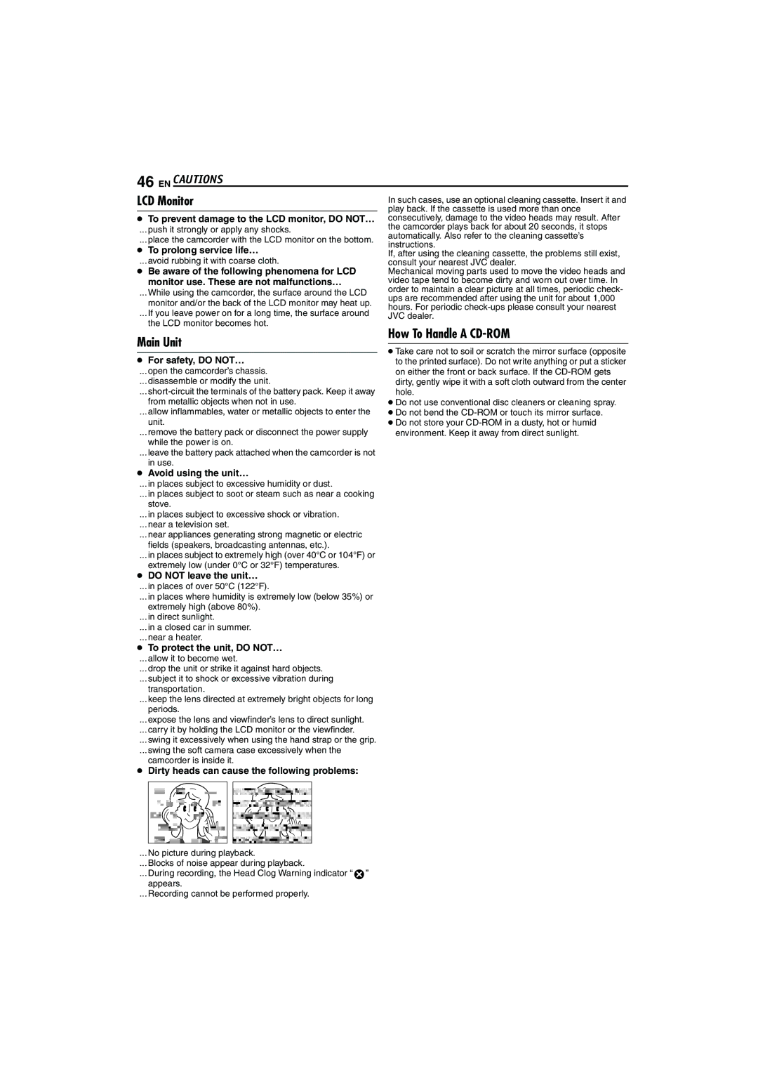 JVC GR-D93, GR-D73, GR-D33 instruction manual EN Cautions, LCD Monitor, How To Handle a CD-ROM, Main Unit 