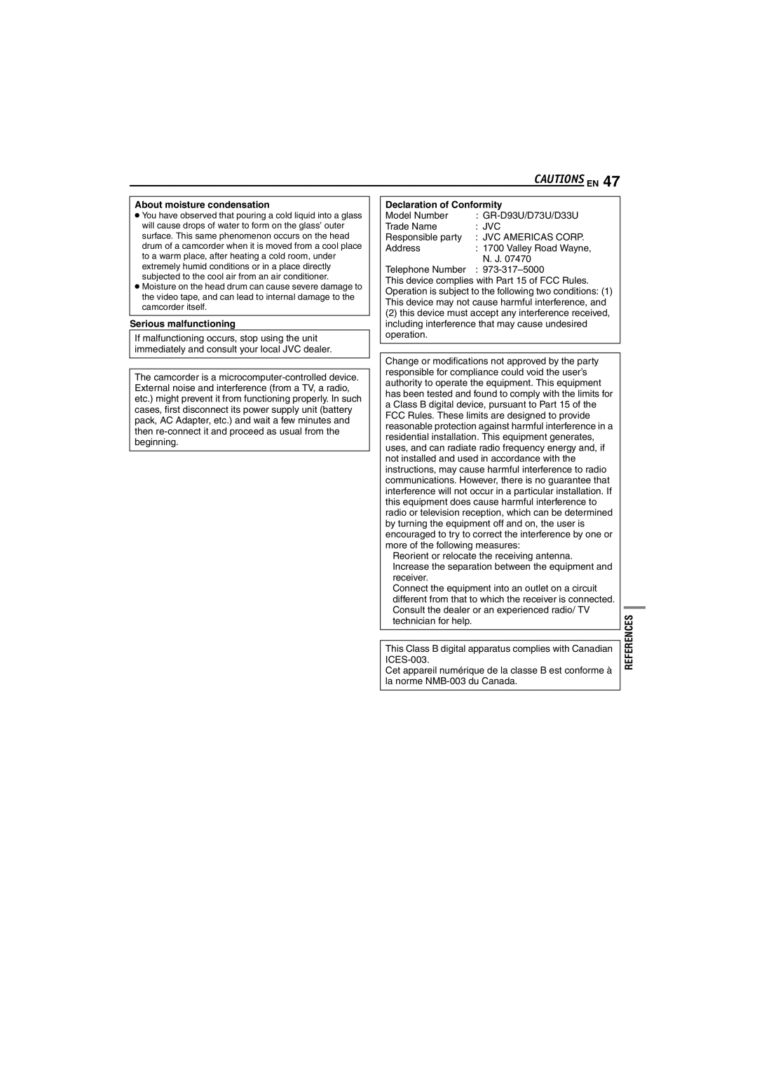 JVC GR-D93, GR-D73, GR-D33 About moisture condensation, Serious malfunctioning, Declaration of Conformity 