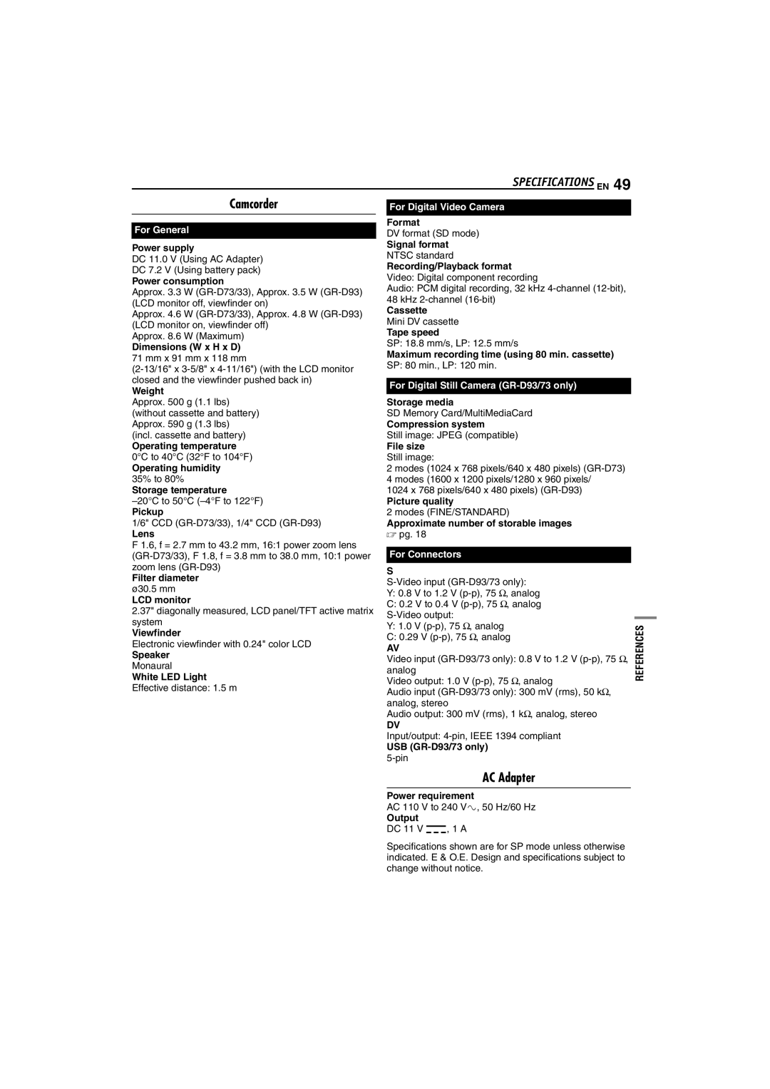 JVC GR-D93, GR-D73, GR-D33 instruction manual Camcorder, AC Adapter 