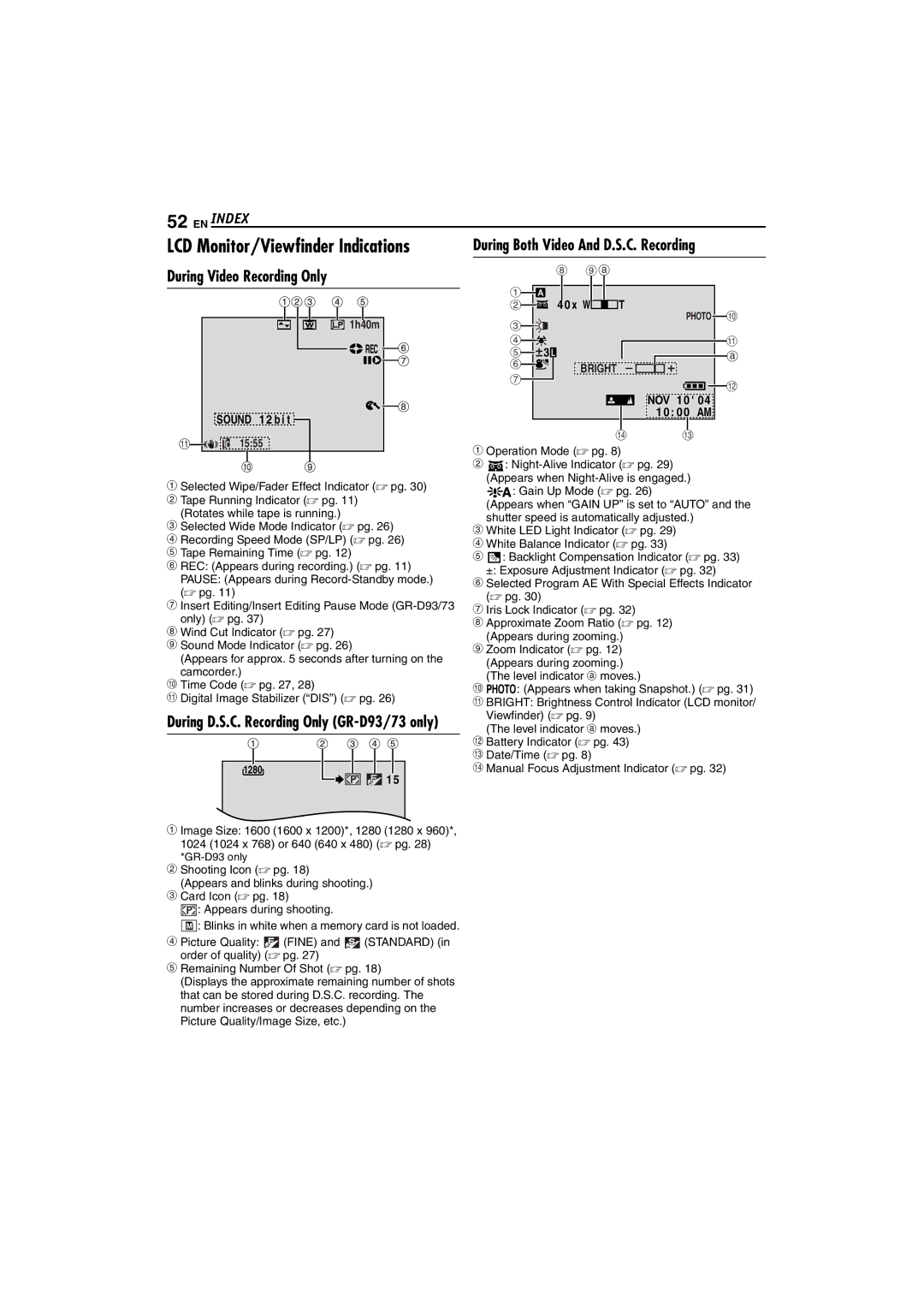 JVC GR-D93, GR-D73, GR-D33 instruction manual Index, During D.S.C. Recording Only GR-D93/73 only, Bright 