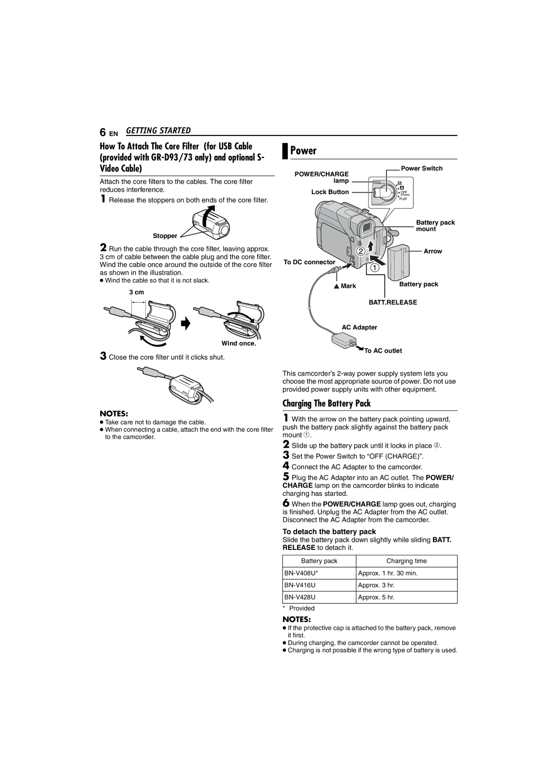 JVC GR-D33 Power, EN Getting Started, Video Cable, Charging The Battery Pack, Close the core filter until it clicks shut 