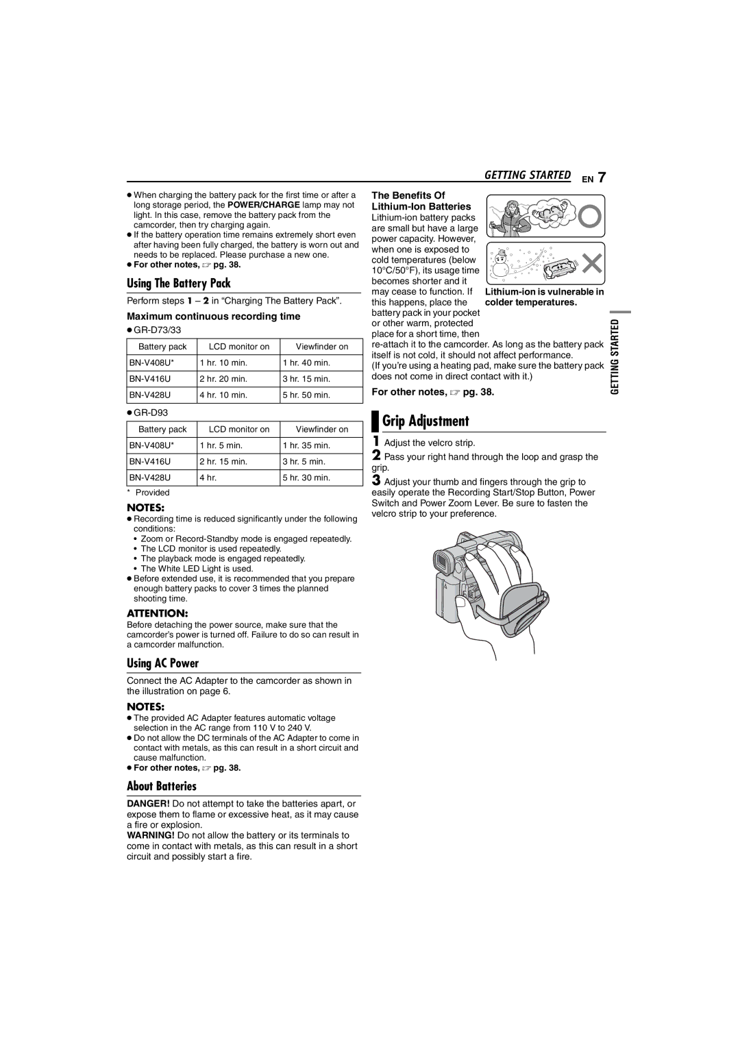 JVC GR-D73, GR-D33 Using The Battery Pack, Grip Adjustment, Using AC Power, About Batteries, Colder temperatures 