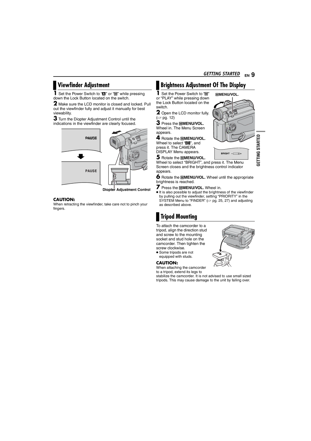 JVC GR-D33, GR-D73 instruction manual Viewfinder Adjustment, Tripod Mounting, Started, Pause, Diopter Adjustment Control 