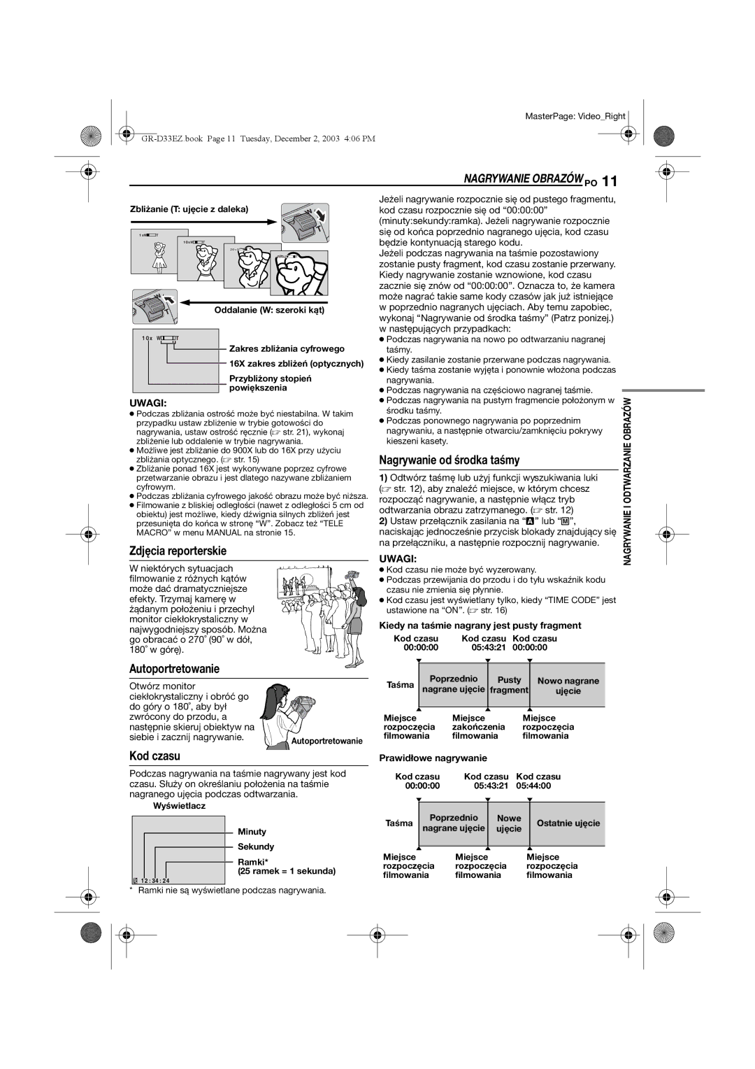 JVC GR-D33 manual Nagrywanie Obrazów PO, Zdjęcia reporterskie, Autoportretowanie, Kod czasu, Nagrywanie od środka taśmy 