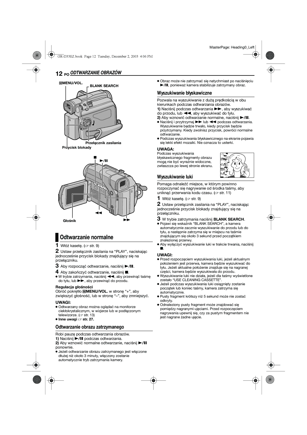 JVC GR-D33 manual Odtwarzanie normalne, PO Odtwarzanie Obrazów, Wyszukiwanie błyskawiczne, Wyszukiwanie luki 