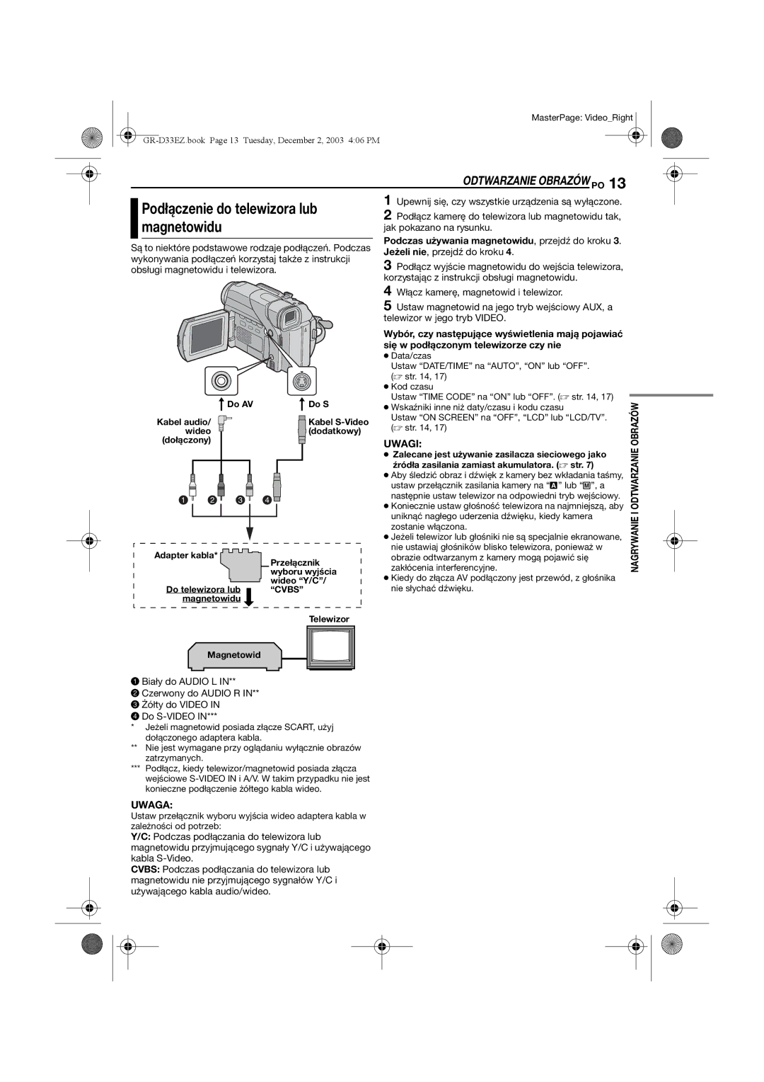 JVC GR-D33 manual Odtwarzanie Obrazów PO, Do AV Do S, Telewizor Magnetowid 