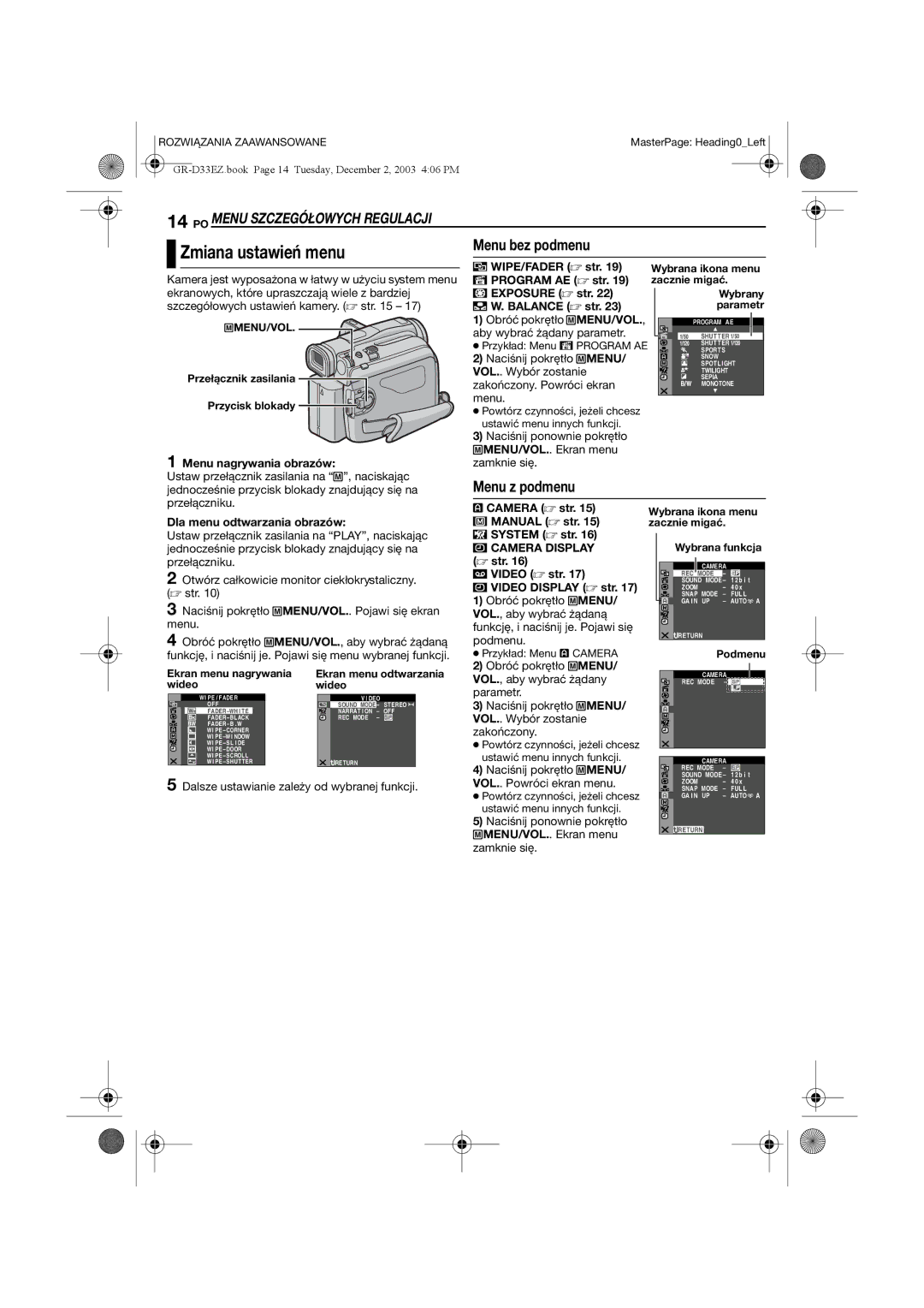 JVC GR-D33 manual Zmiana ustawień menu, PO Menu Szczegółowych Regulacji, Menu bez podmenu, Menu z podmenu 