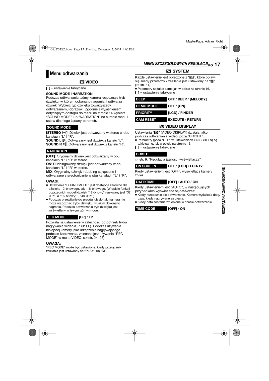 JVC GR-D33 manual Menu odtwarzania, Menu Szczegółowych Regulacji PO, Sound Mode i Narration, OFF / on 