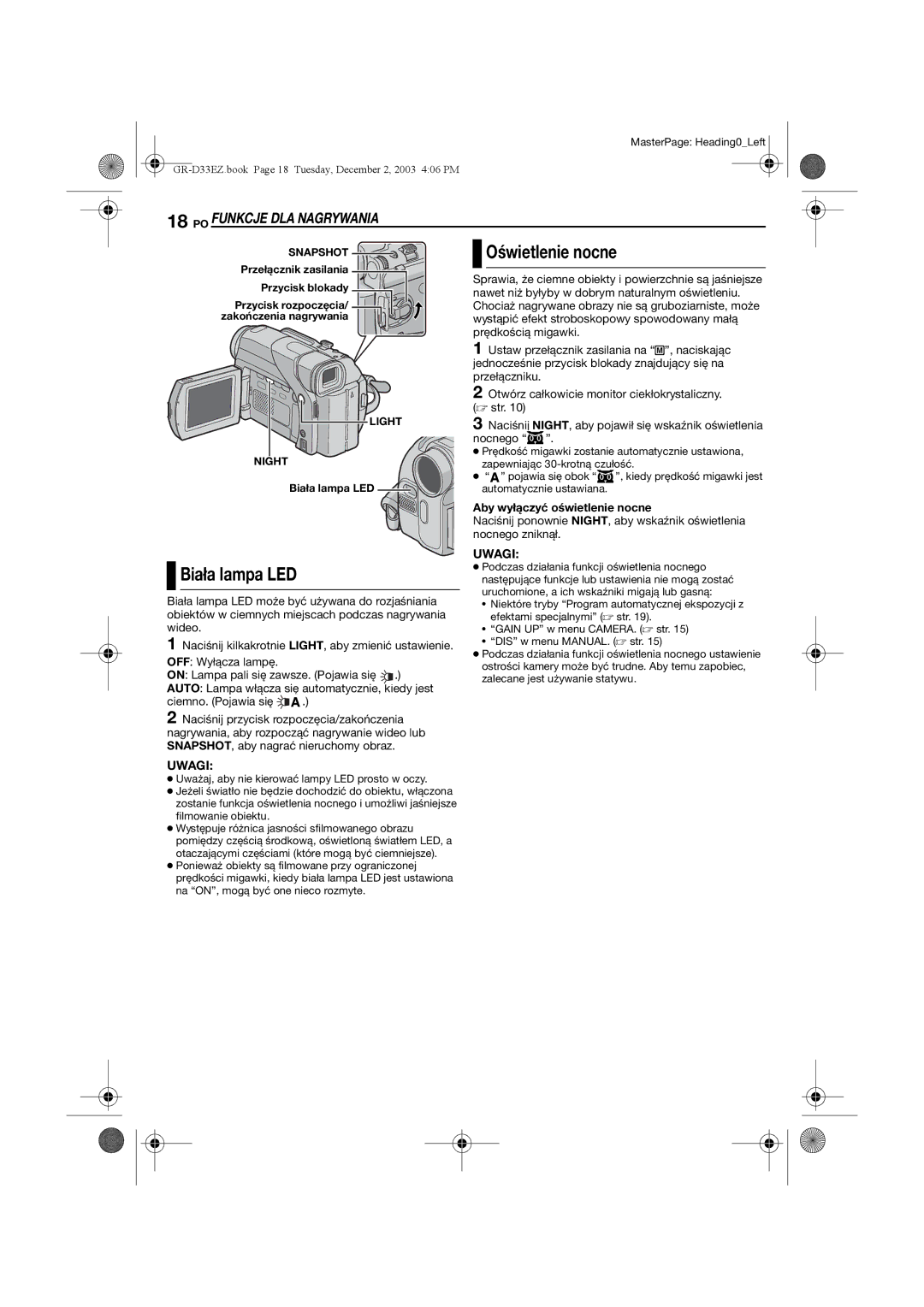 JVC GR-D33 manual Oświetlenie nocne, Biała lampa LED, Aby wyłączyć oświetlenie nocne 