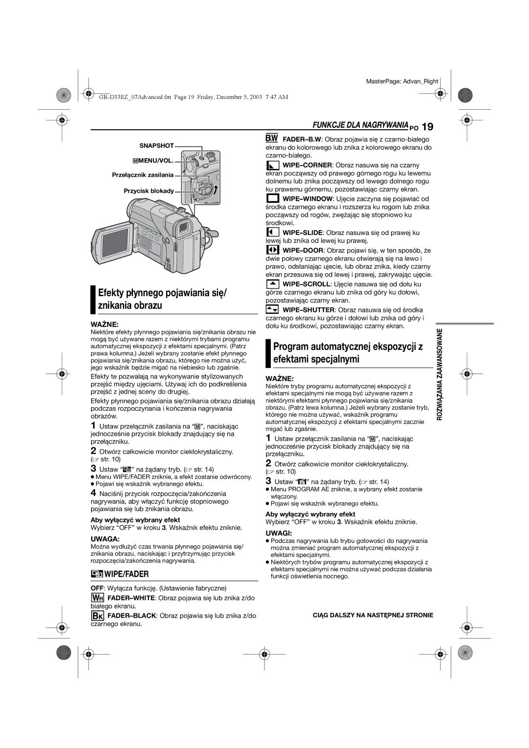 JVC GR-D33 Funkcje DLA Nagrywania PO, Program automatycznej ekspozycji z efektami specjalnymi, Aby wyłączyć wybrany efekt 