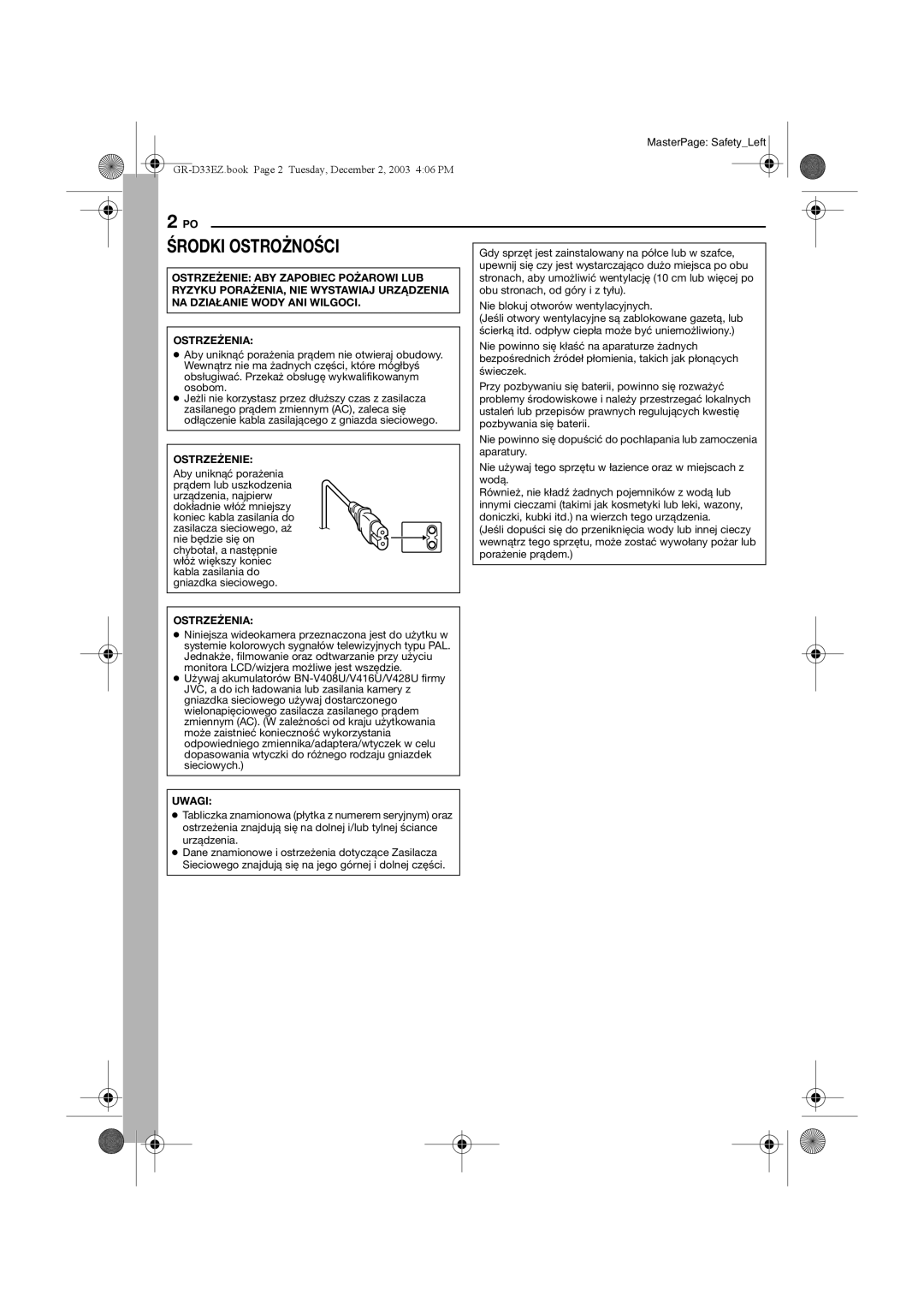 JVC GR-D33 manual Środki Ostrożności 