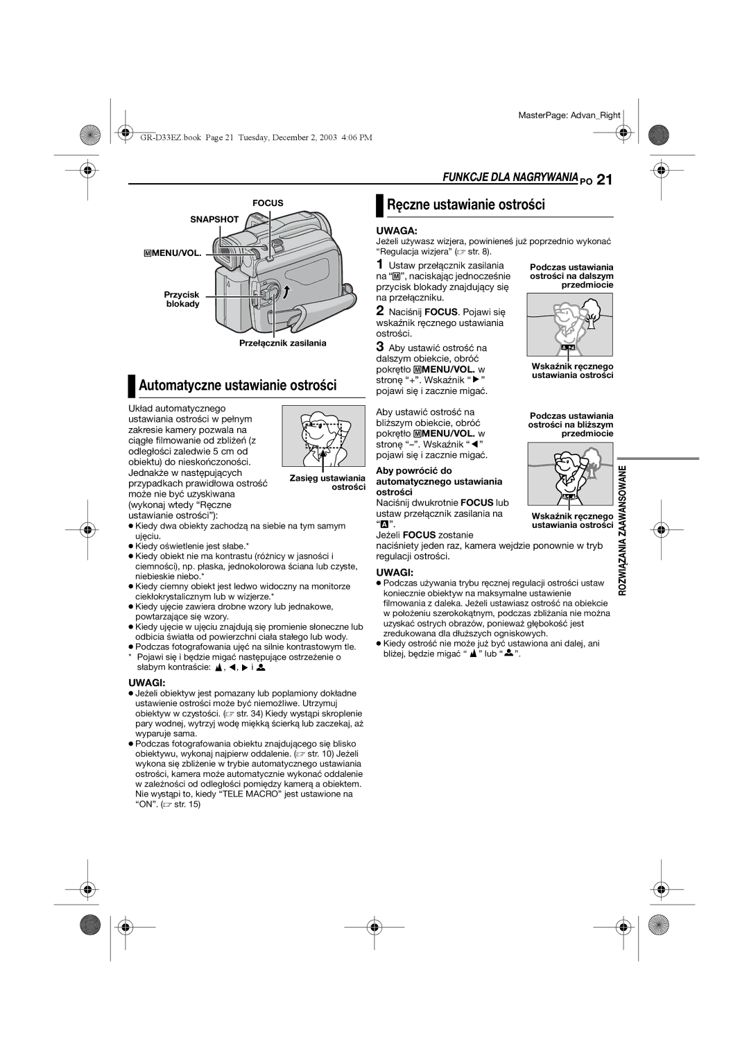 JVC GR-D33 manual Ręczne ustawianie ostrości, Aby powrócić do automatycznego ustawiania ostrości, Jeżeli Focus zostanie 