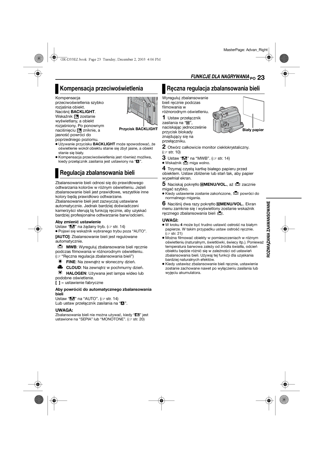 JVC GR-D33 manual Ręczna regulacja zbalansowania bieli, Regulacja zbalansowania bieli, Aby zmienić ustawienie 