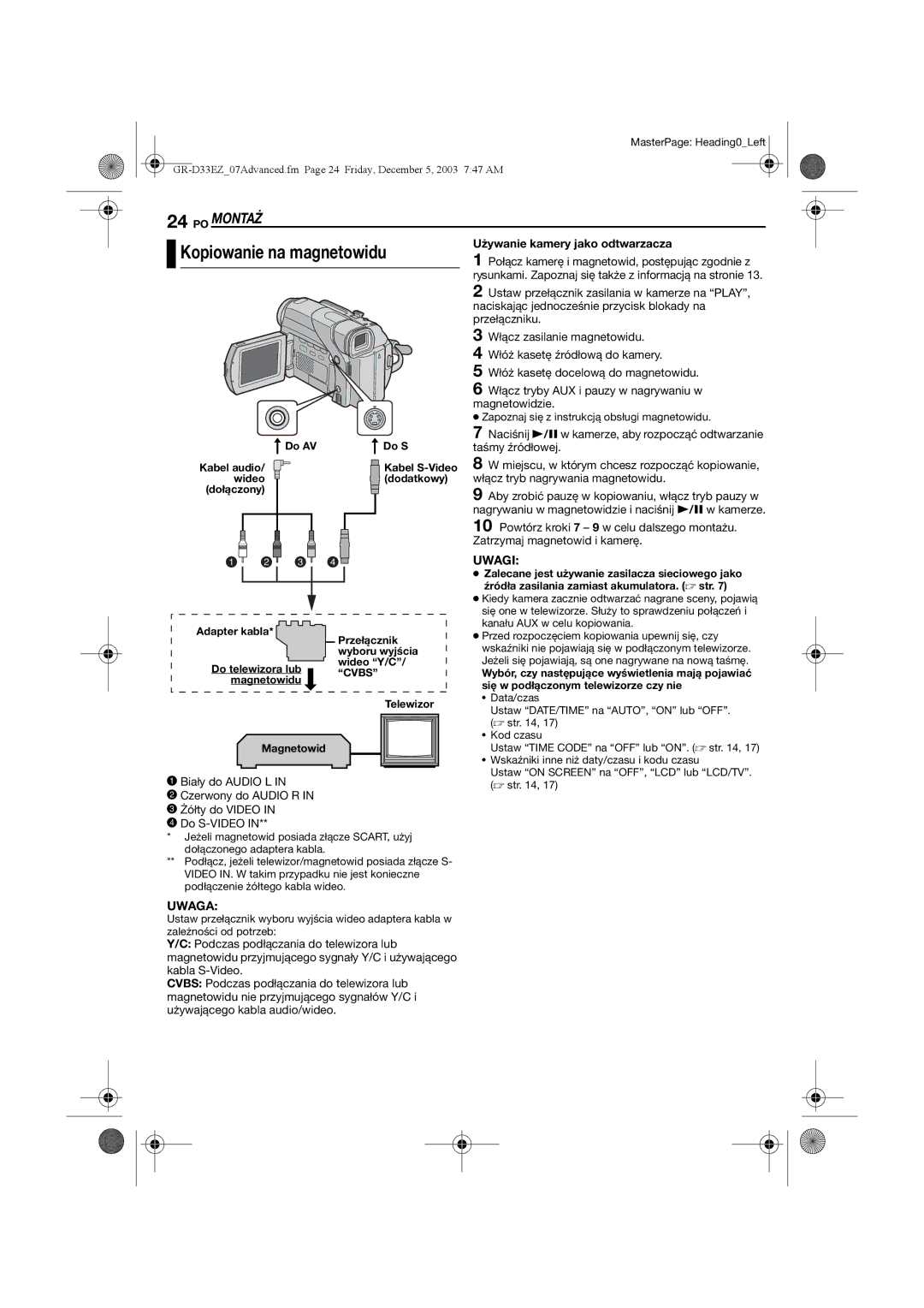 JVC GR-D33 manual Kopiowanie na magnetowidu, PO Montaż, Używanie kamery jako odtwarzacza 