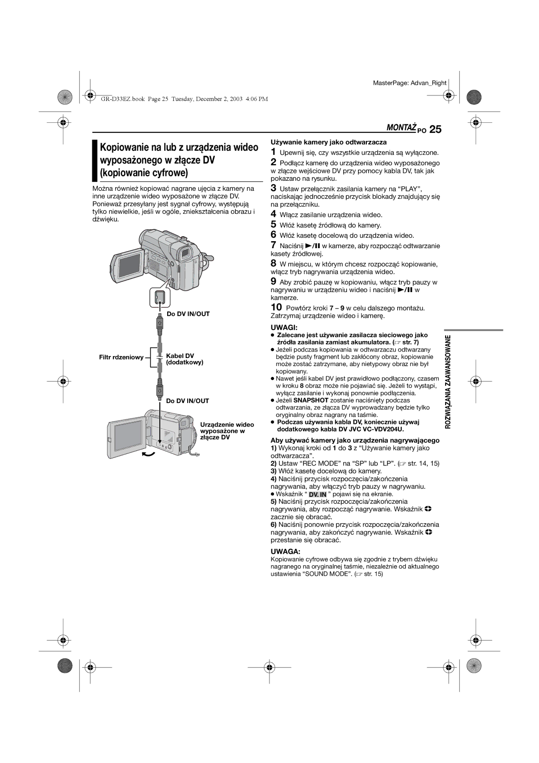 JVC GR-D33 manual Kopiowanie cyfrowe, Aby używać kamery jako urządzenia nagrywającego 