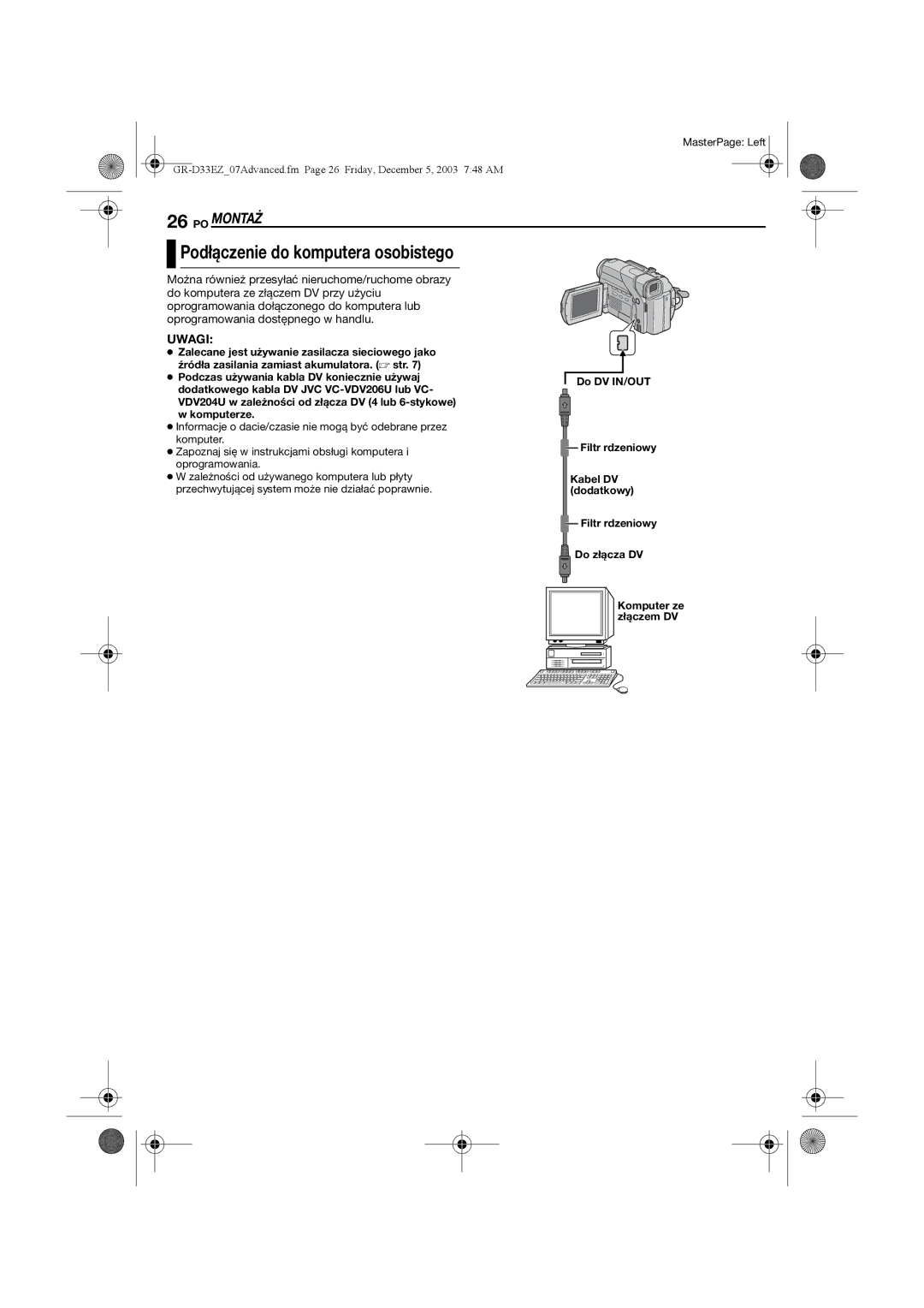 JVC GR-D33 manual Podłączenie do komputera osobistego 