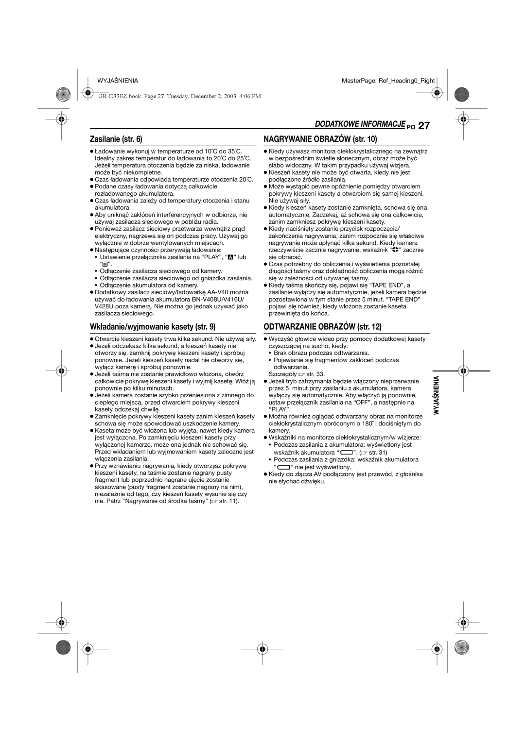 JVC GR-D33 manual Dodatkowe Informacje PO, Zasilanie str, Wkładanie/wyjmowanie kasety str, Odtwarzanie Obrazów str 