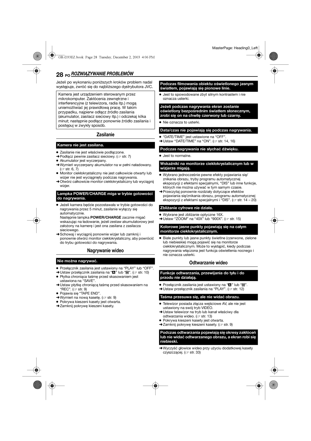 JVC GR-D33 manual PO Rozwiązywanie Problemów, Zasilanie, Nagrywanie wideo, Odtwarzanie wideo 