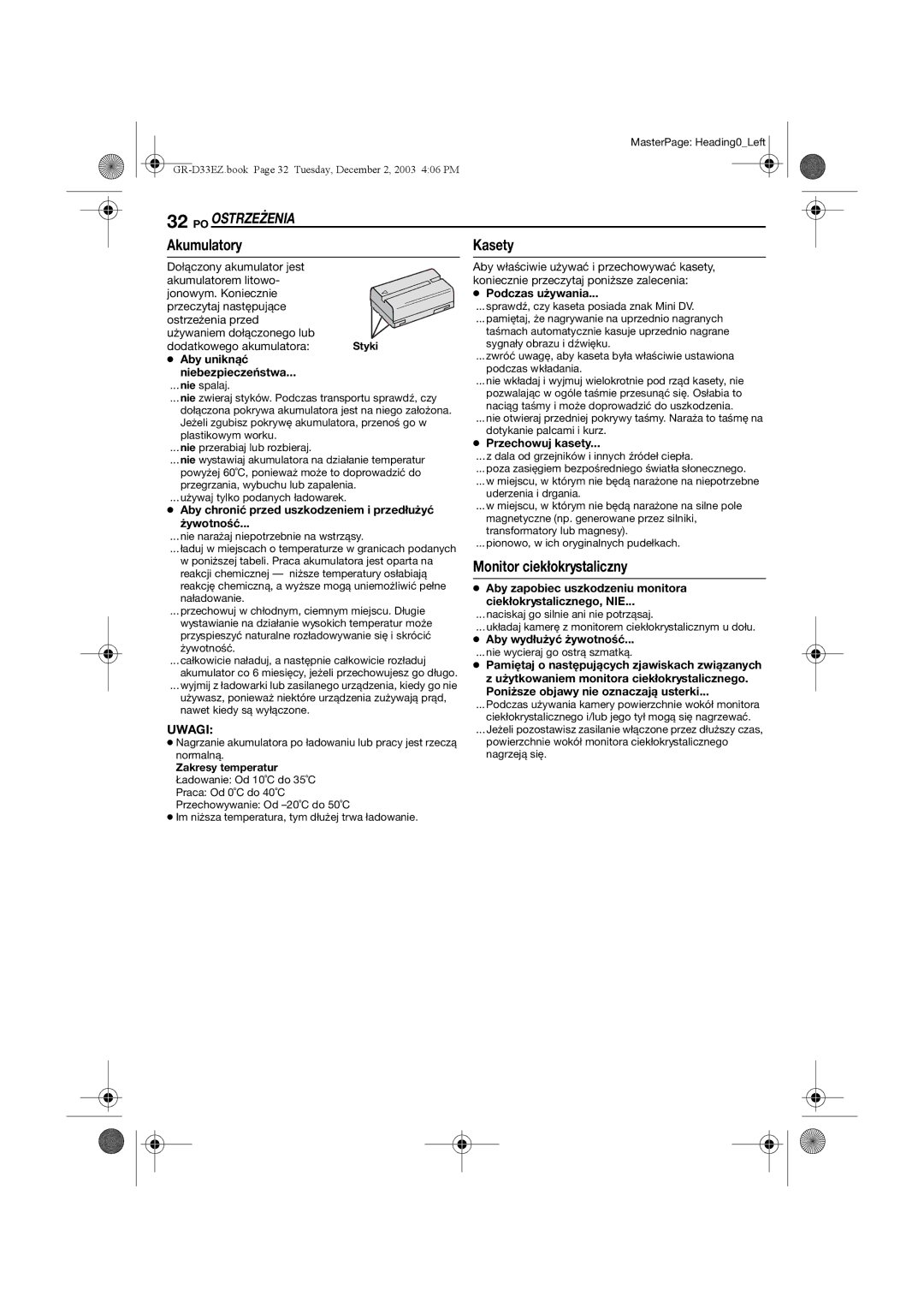 JVC GR-D33 manual PO Ostrzeżenia, Akumulatory, Monitor ciekłokrystaliczny 