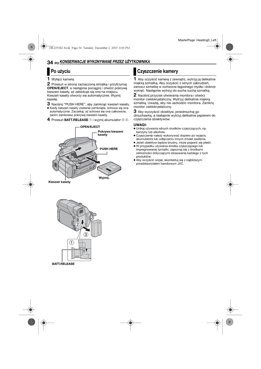 JVC GR-D33 manual Po użyciu, Czyszczenie kamery, PO Konserwacje Wykonywane Przez Użytkownika, Wyłącz kamerę 