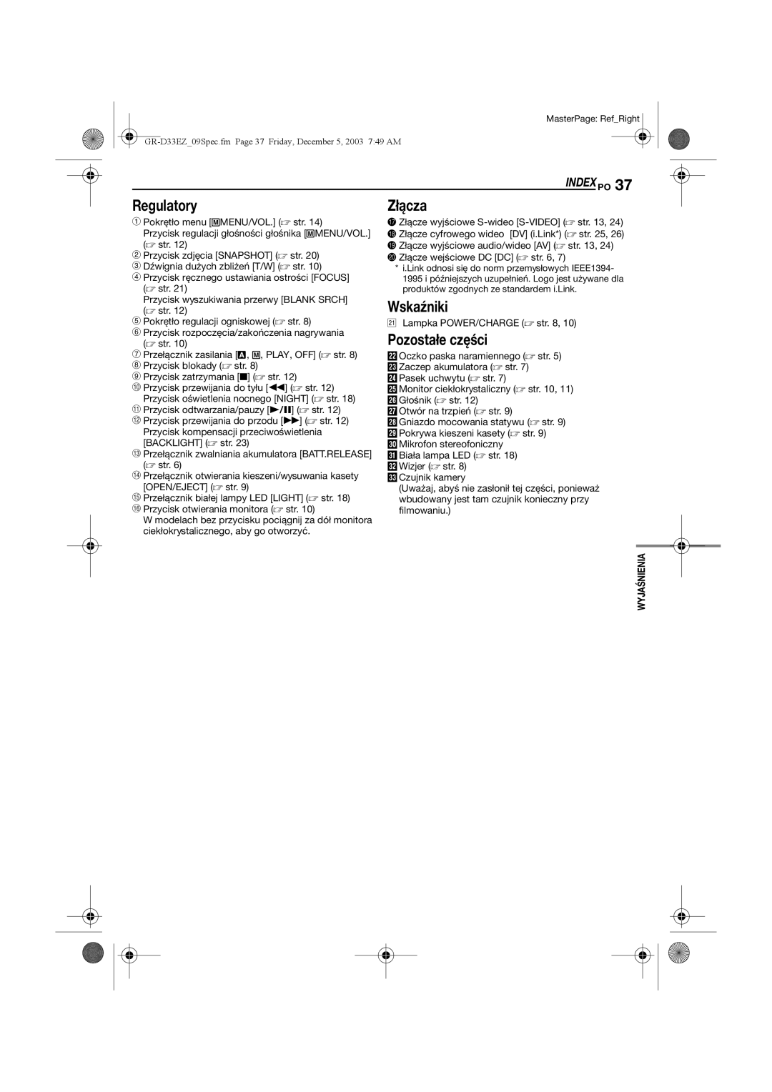 JVC GR-D33 manual Regulatory, Złącza, Wskaźniki, Pozostałe części, Index PO 