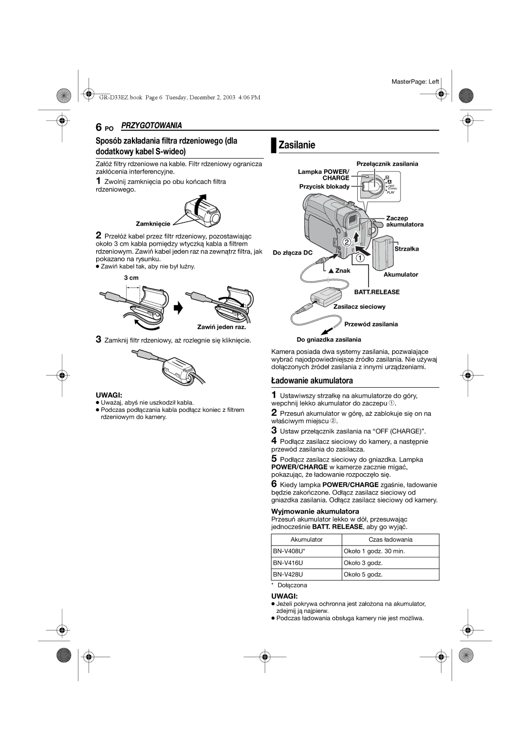 JVC GR-D33 manual Zasilanie, PO Przygotowania, Ładowanie akumulatora 