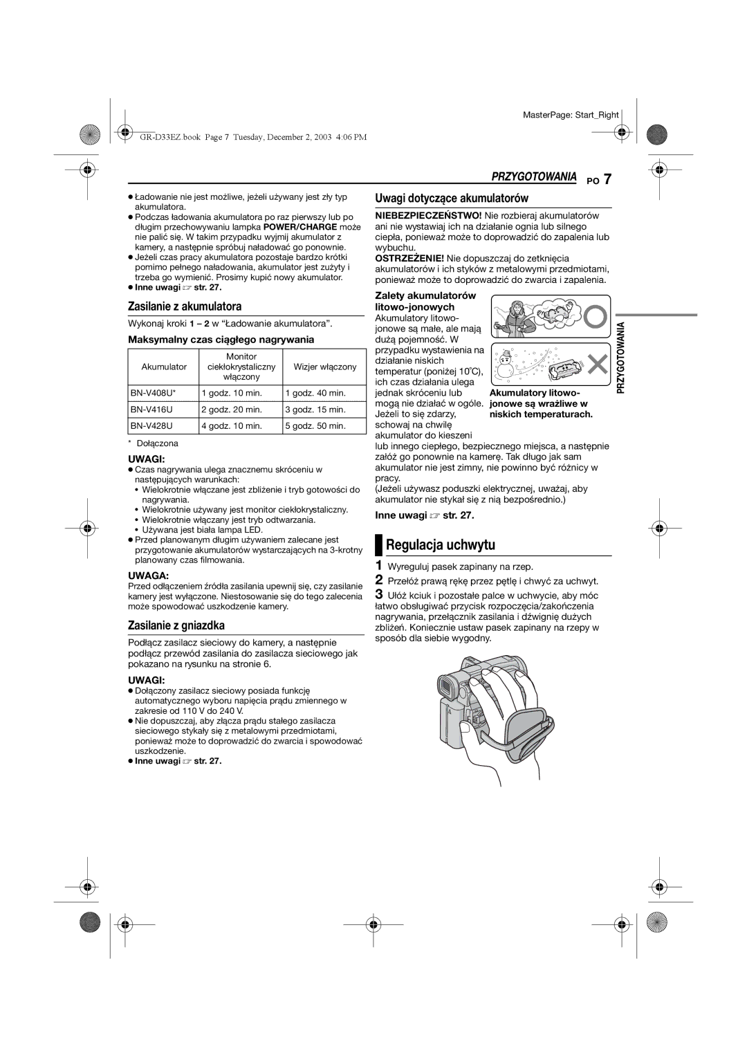 JVC GR-D33 manual Regulacja uchwytu, Uwagi dotyczące akumulatorów, Zasilanie z akumulatora, Zasilanie z gniazdka 