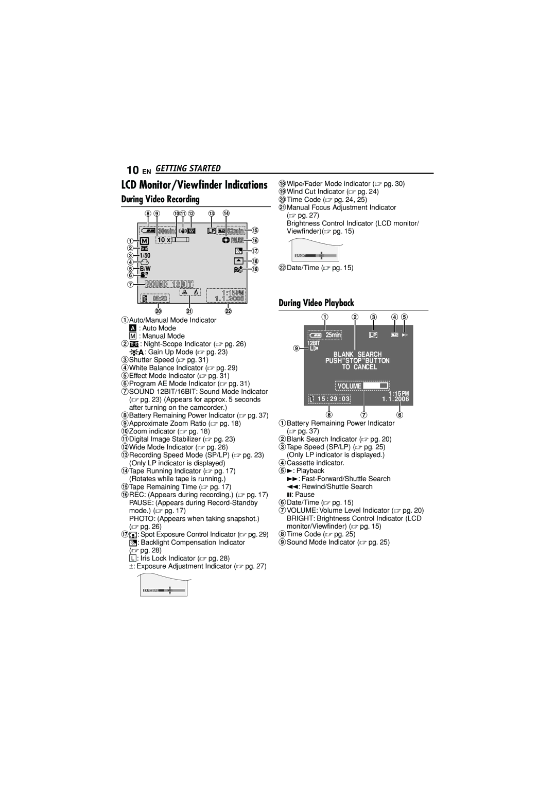 JVC GR-D338AH manual Getting Started, During Video Recording, During Video Playback 