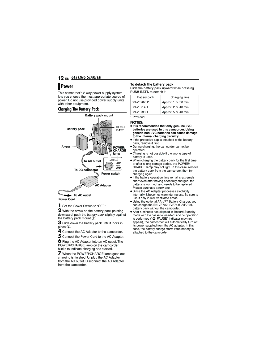 JVC GR-D338AH manual Power, EN Getting Started, Charging The Battery Pack, Slide the battery pack upward while pressing 