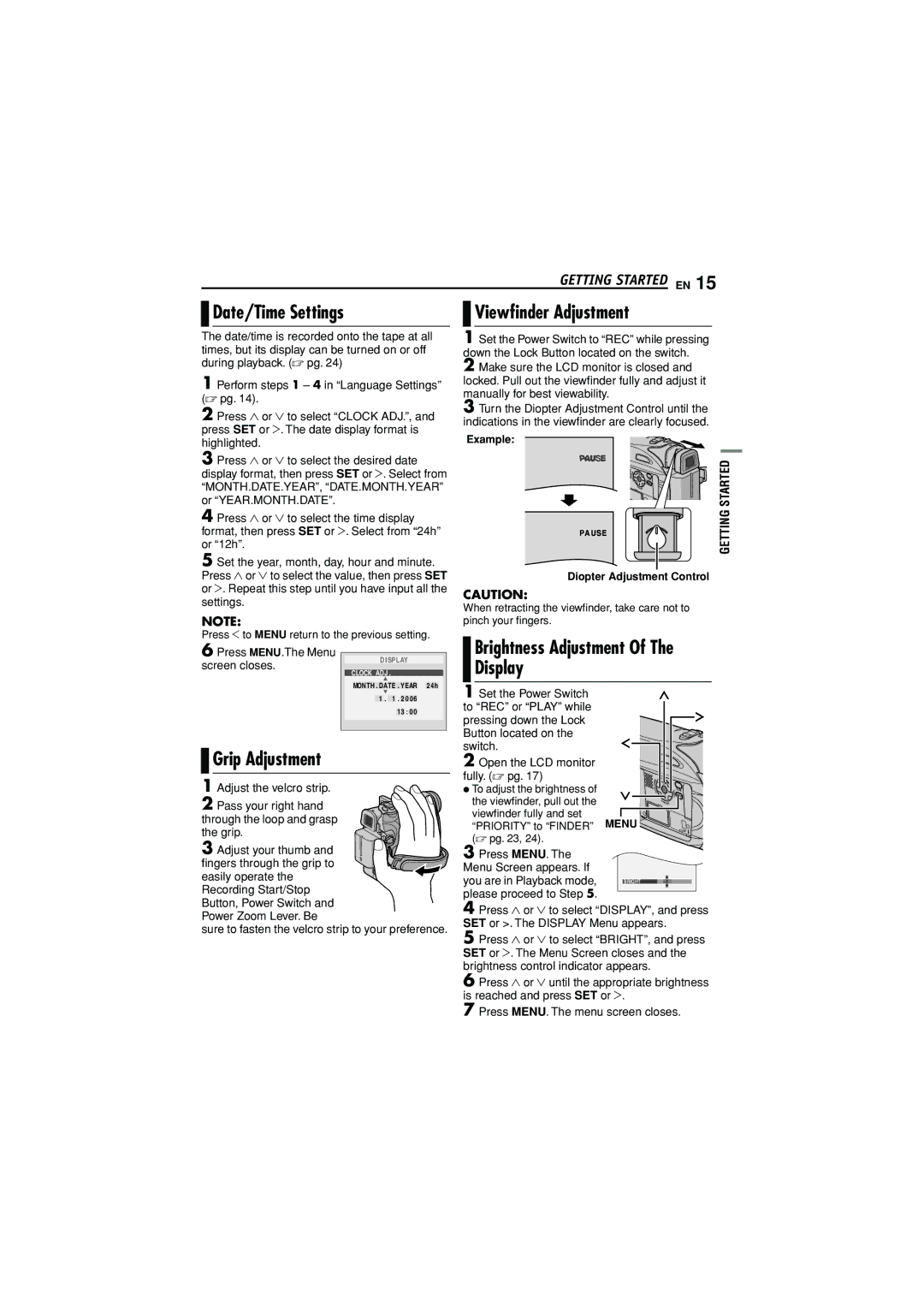 JVC GR-D338AH manual Date/Time Settings, Viewﬁnder Adjustment, Brightness Adjustment, Display, Grip Adjustment 