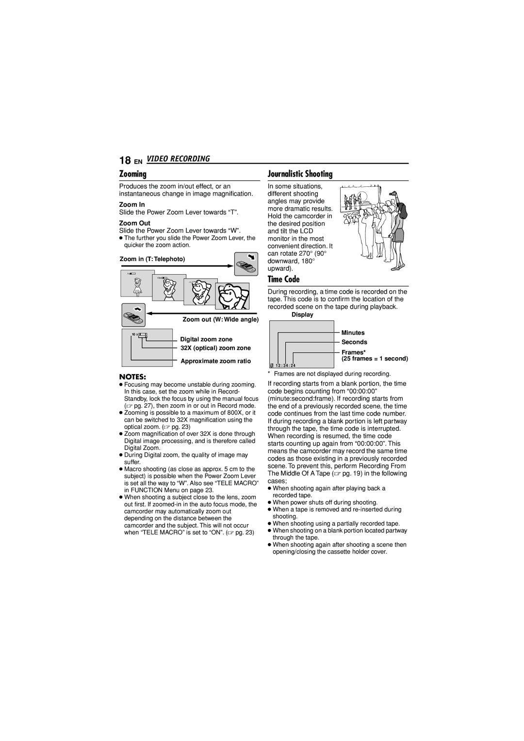 JVC GR-D338AH manual EN Video Recording, Time Code, Zoom Out 