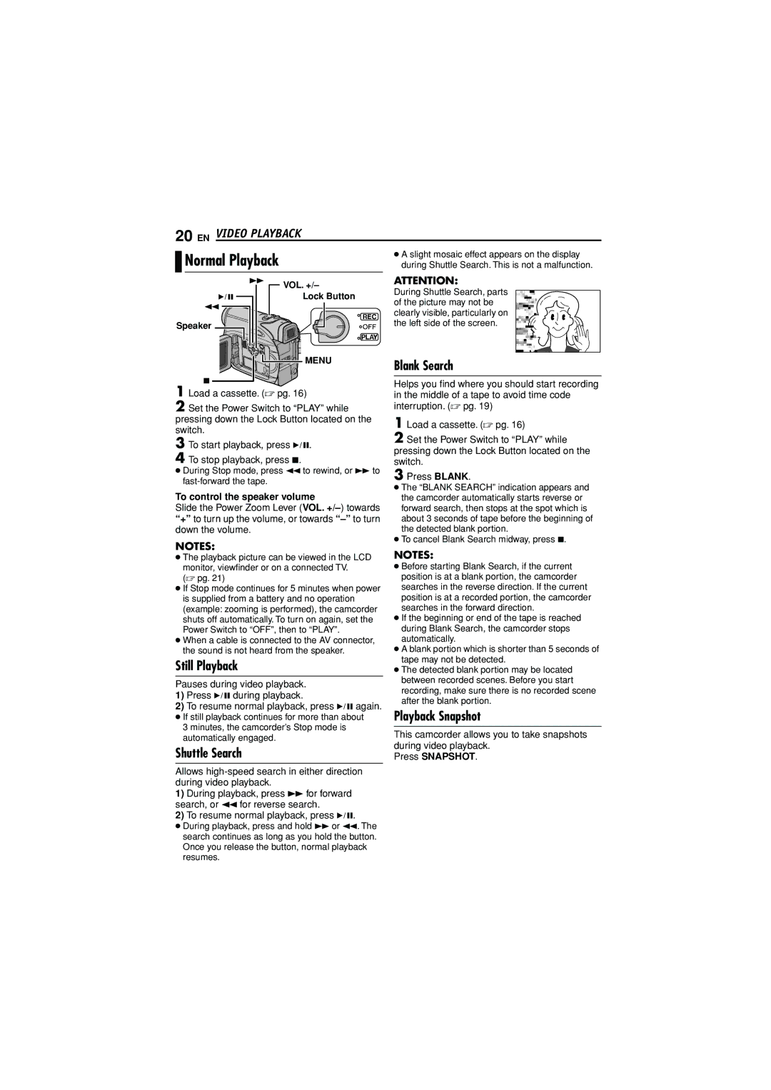 JVC GR-D338AH manual Normal Playback, EN Video Playback, Blank Search, Playback Snapshot, Press Snapshot 